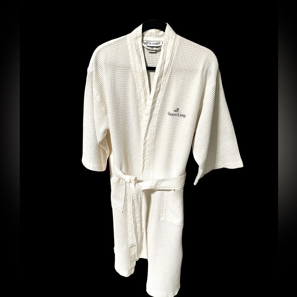 Vintage Orient Lines Cruise Ship Boca Terry White Cotton Waffle Spa Robe o/s